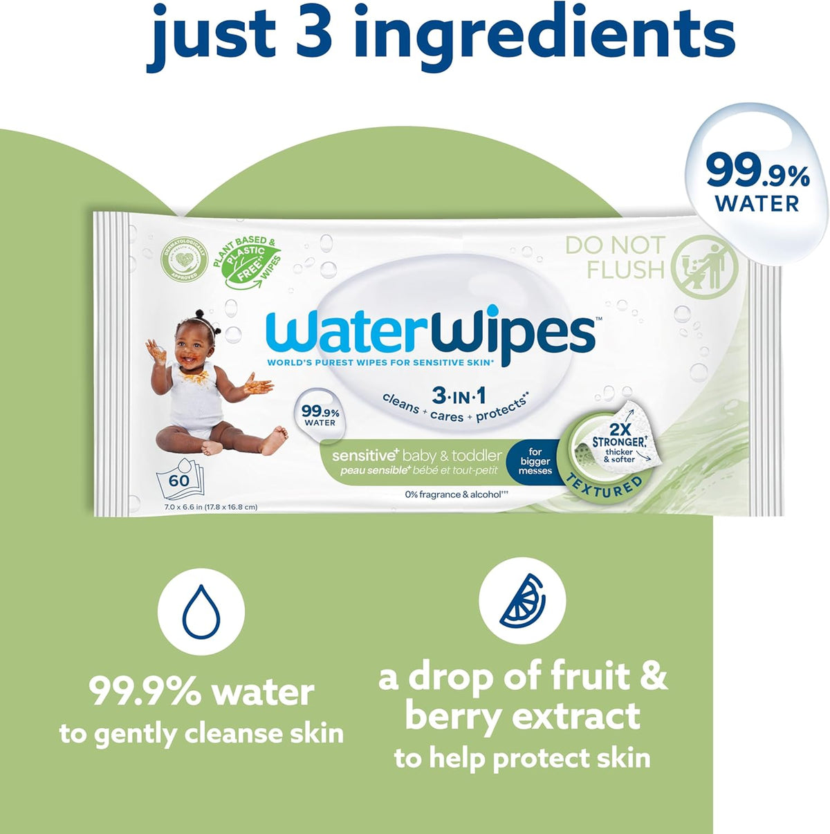 WaterWipes Sensitive+ Baby & Toddler Wipes, 3-In-1 Cleans, Cares, Protects, 99.9% Water, Textured Clean, Unscented & Hypoallergenic, 240 Count (4 Packs)