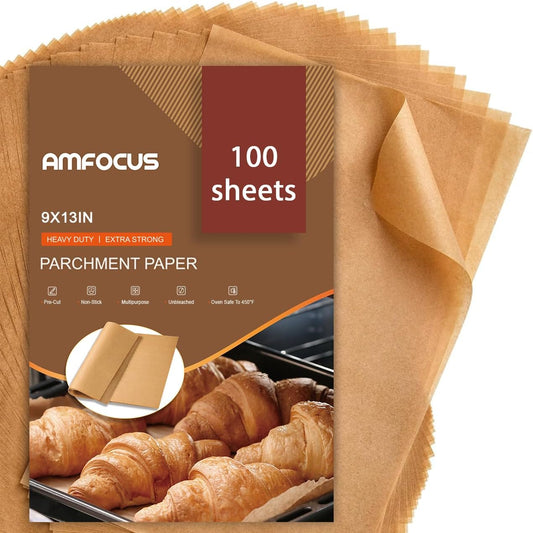 Parchment Paper Sheets, 9x13 In Non-Stick Precut Baking Parchment for Baking, Grilling, Air Fryer, Steaming, and More (Unbleached) - Quarter Sheet Size, Perfect for Bread, Cakes, Cookies, 100PCS